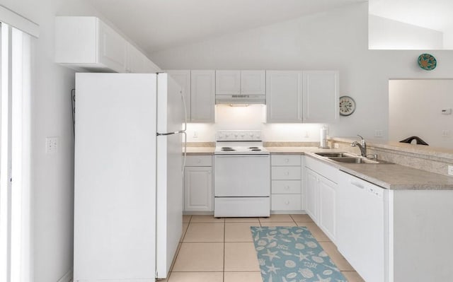 kitchen featuring vaulted ceiling, sink, white cabinets, light tile patterned floors, and white appliances