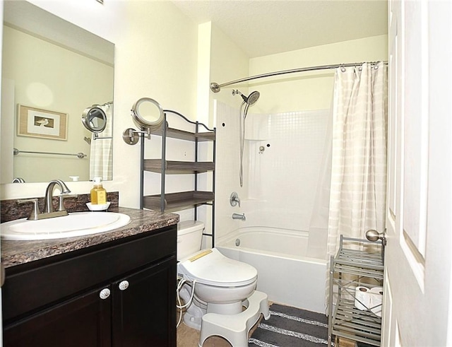 full bath featuring toilet, shower / bathtub combination with curtain, and vanity