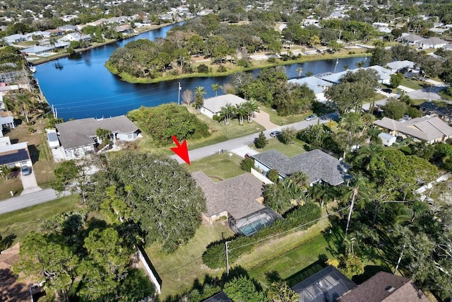 drone / aerial view featuring a water view