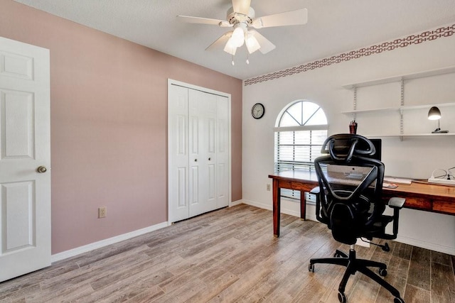 office area featuring hardwood / wood-style floors and ceiling fan