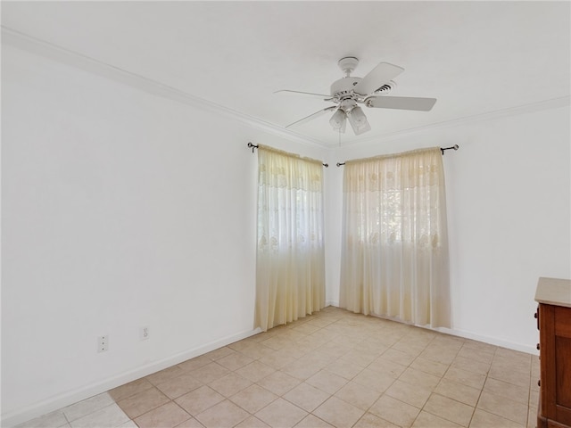 tiled spare room with crown molding and ceiling fan