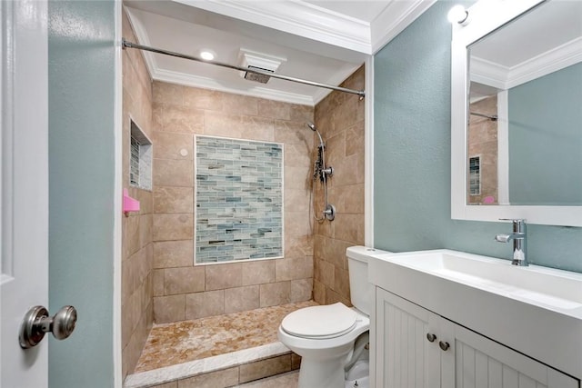 6245 6th Pl, Vero Beach, FL 32968 - bathroom featuring crown molding, vanity, a tile shower, and a textured wall