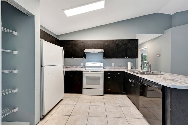 kitchen featuring vaulted ceiling, kitchen peninsula, sink, light tile patterned floors, and white appliances