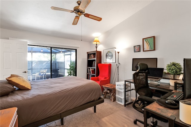 carpeted bedroom with access to exterior and ceiling fan