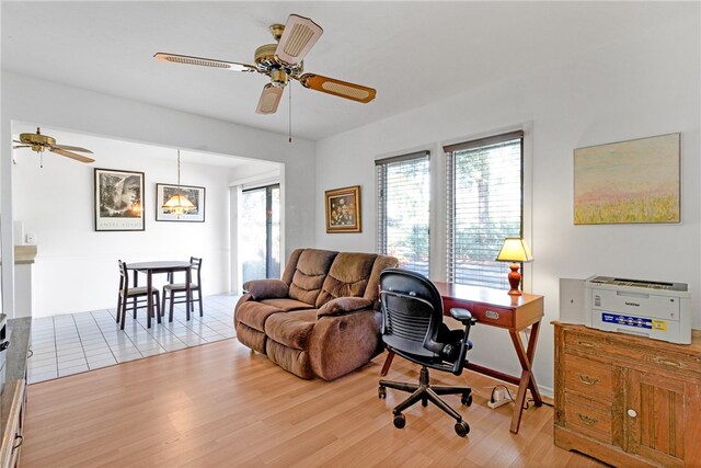 office area featuring ceiling fan and light hardwood / wood-style flooring