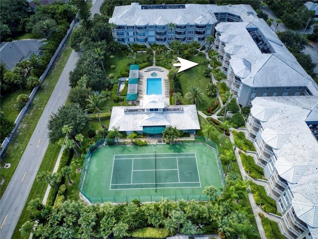drone / aerial view of a pool