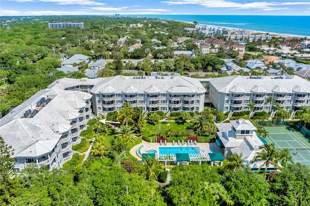 bird's eye view of a pool area and a nearby body of water