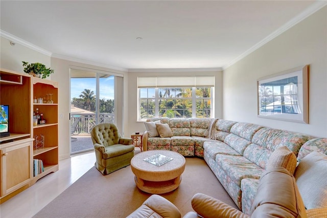 living room with crown molding
