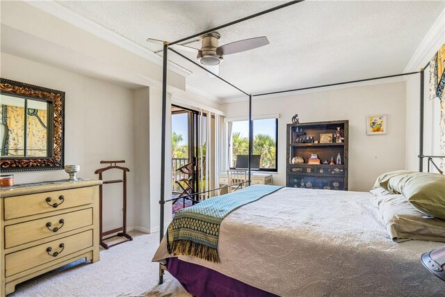 1821 Mooringline Dr Unit 3G, Vero Beach, FL 32963 - carpeted bedroom with crown molding, a textured ceiling, access to exterior, and ceiling fan
