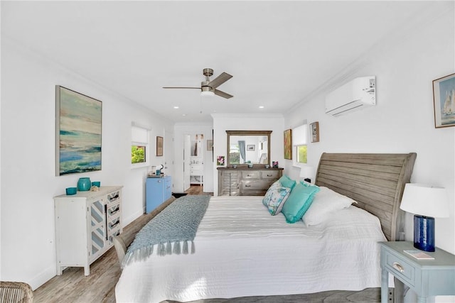 bedroom with baseboards, ornamental molding, a wall mounted air conditioner, light wood-style floors, and recessed lighting