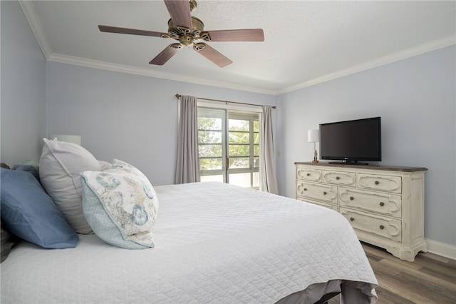 bedroom with baseboards, ornamental molding, ceiling fan, and wood finished floors