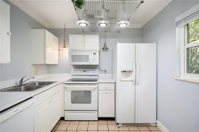 kitchen with crown molding, white cabinets, white appliances, and a sink