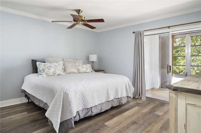 bedroom featuring ornamental molding, a ceiling fan, wood finished floors, and access to exterior