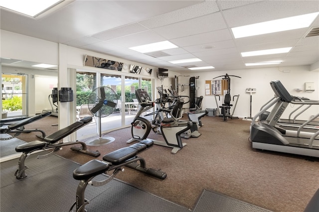 gym with carpet flooring and a paneled ceiling