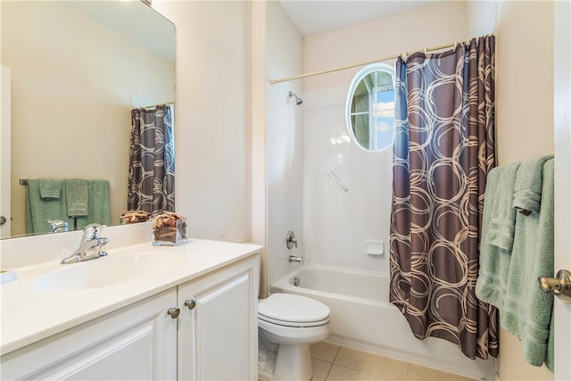 full bathroom featuring tile patterned flooring, shower / bath combination with curtain, vanity, and toilet