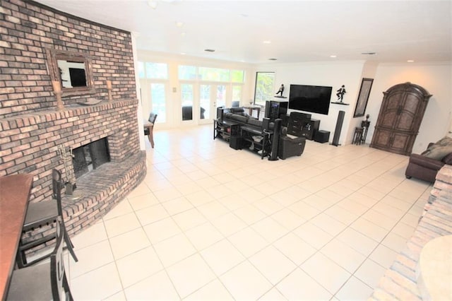 tiled living area featuring recessed lighting, a brick fireplace, and crown molding