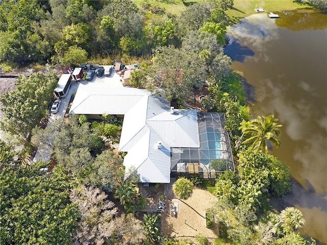 bird's eye view with a water view