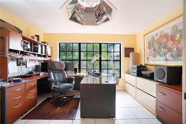 home office with light tile patterned floors