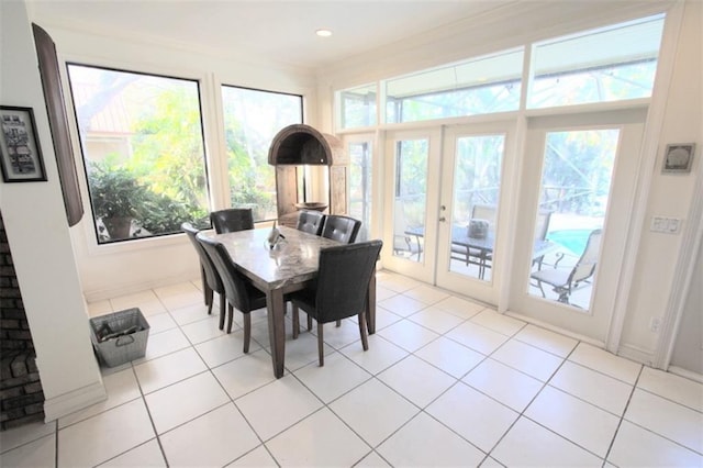 dining space featuring recessed lighting, baseboards, french doors, and light tile patterned flooring