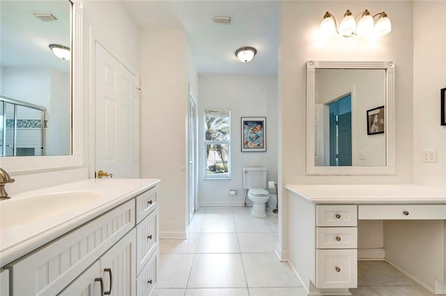 bathroom featuring tile patterned flooring, toilet, vanity, and visible vents