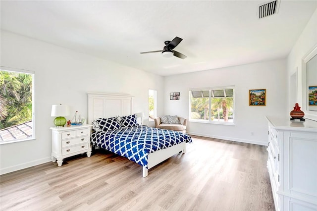 bedroom featuring visible vents, baseboards, and light wood-style floors