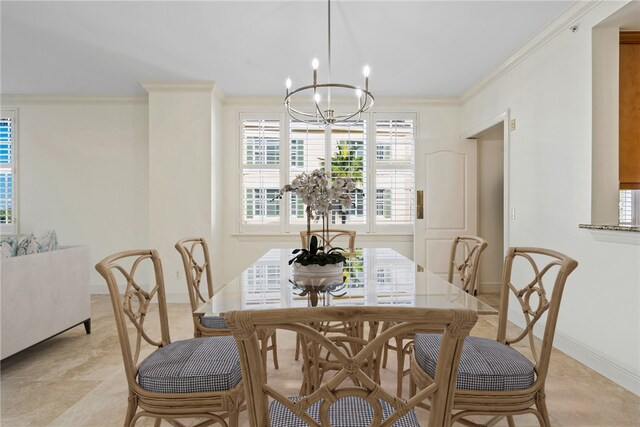 dining area with ornamental molding and a chandelier