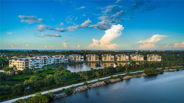 drone / aerial view featuring a water view