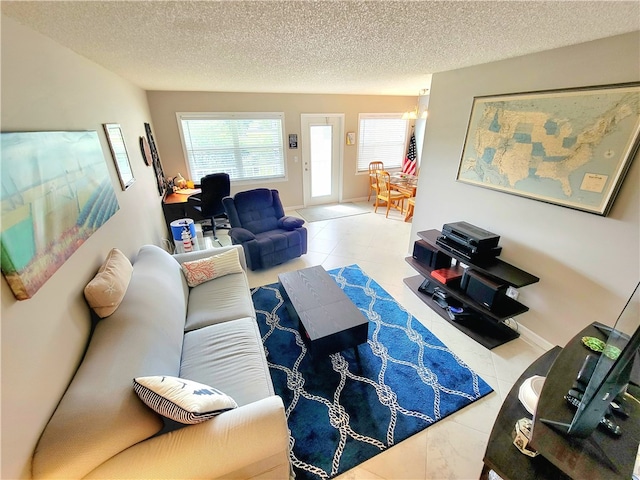 tiled living room with a textured ceiling