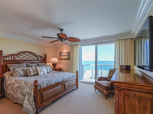 bedroom with access to exterior, light colored carpet, ornamental molding, and ceiling fan