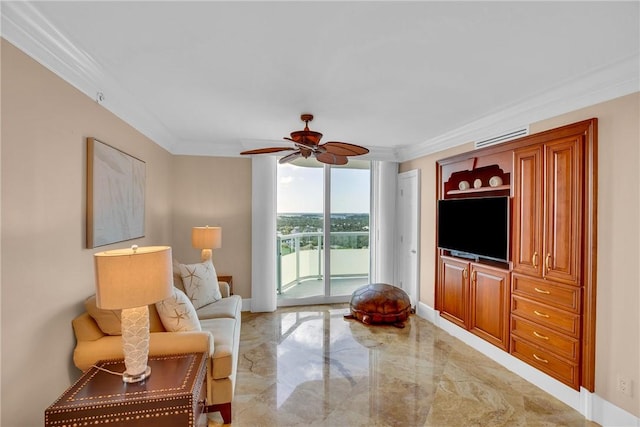 interior space featuring expansive windows, crown molding, and ceiling fan