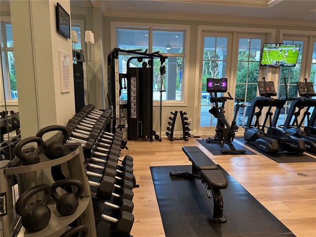 exercise room featuring ornamental molding and light wood-type flooring