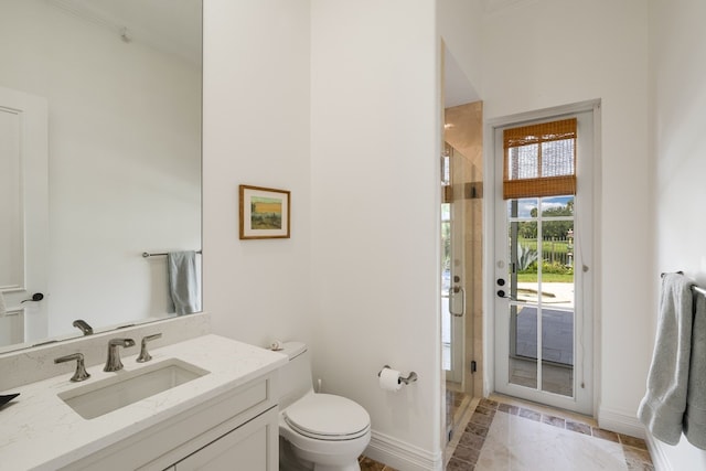 bathroom featuring vanity, toilet, and walk in shower