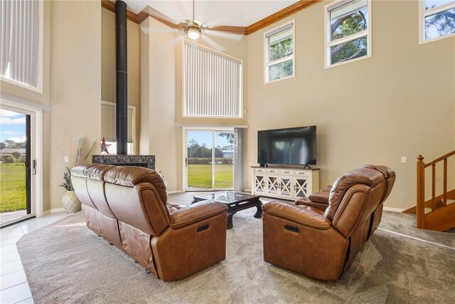 420 Sopwith Dr, Vero Beach, FL 32968 - living area with a high ceiling, crown molding, healthy amount of natural light, a wood stove, and baseboards