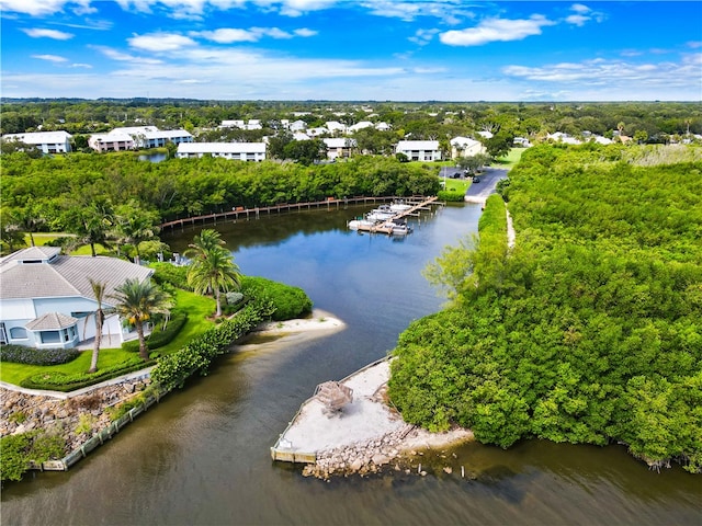 bird's eye view with a water view