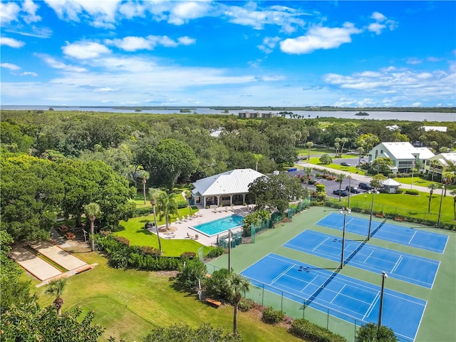 aerial view featuring a water view