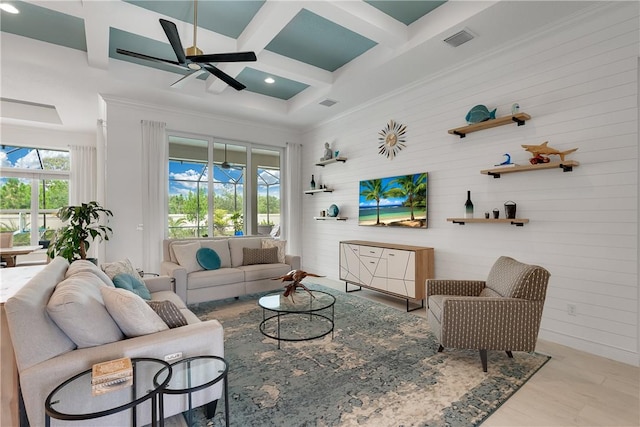 living room with plenty of natural light, wood walls, beamed ceiling, and coffered ceiling