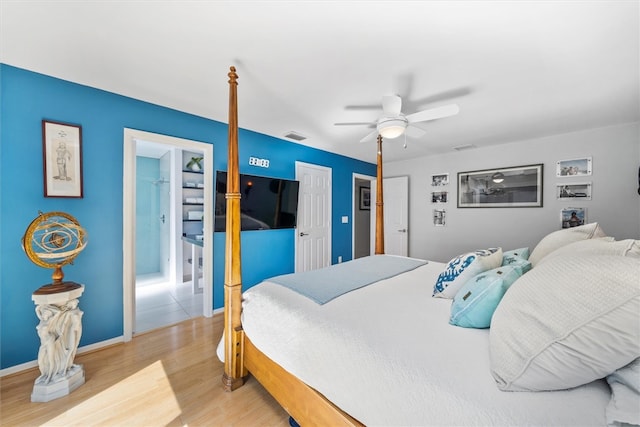 bedroom featuring ceiling fan and light hardwood / wood-style flooring