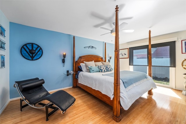 bedroom with ceiling fan and light wood-type flooring