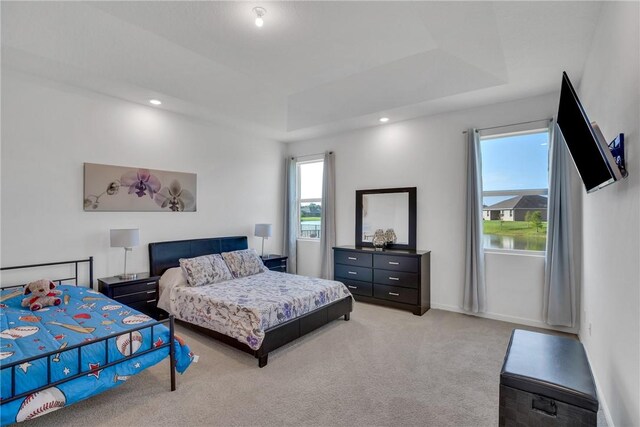 102 52nd Sq, Vero Beach, FL 32967 - bedroom featuring a tray ceiling, baseboards, multiple windows, and light carpet