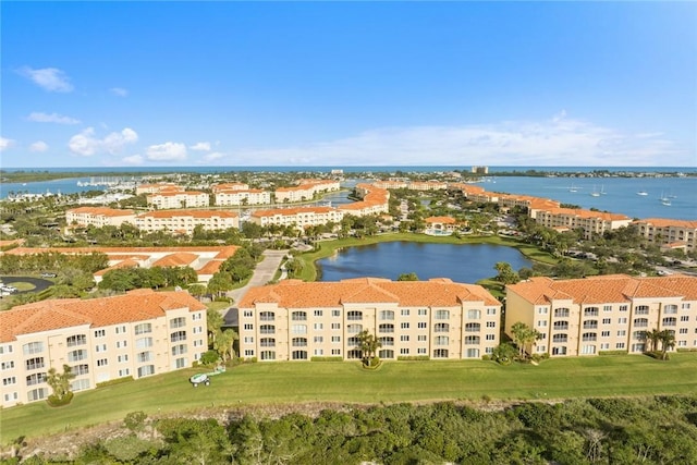 aerial view featuring a water view