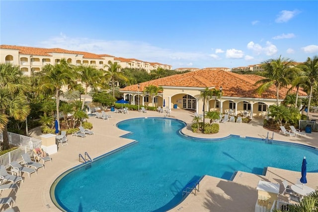 view of swimming pool with a patio area