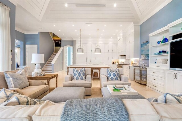 living room featuring vaulted ceiling with beams and wooden ceiling