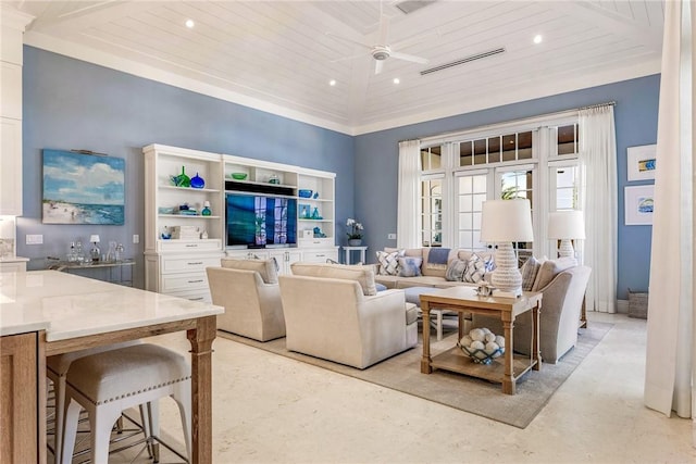 living room featuring ceiling fan, wooden ceiling, and a towering ceiling