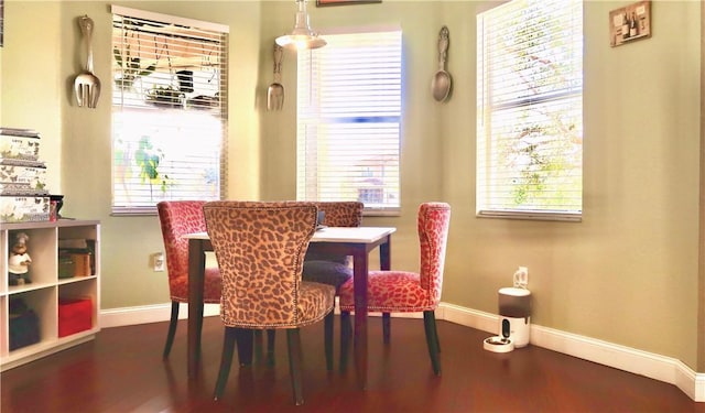 dining space with dark hardwood / wood-style floors and a healthy amount of sunlight