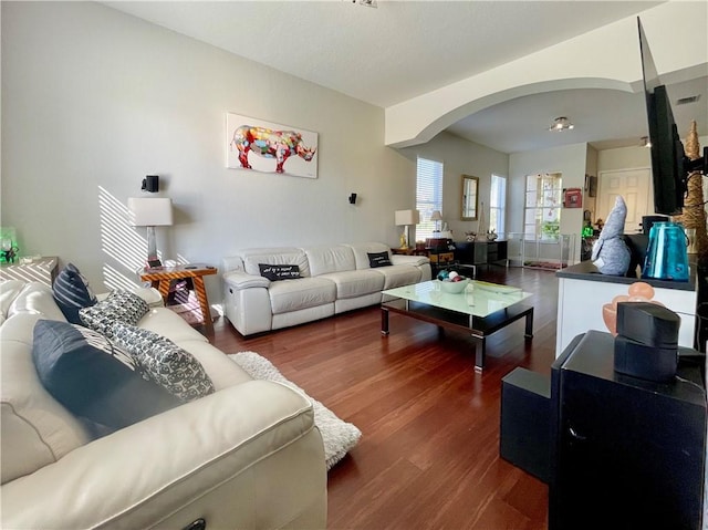 living room with dark wood-type flooring