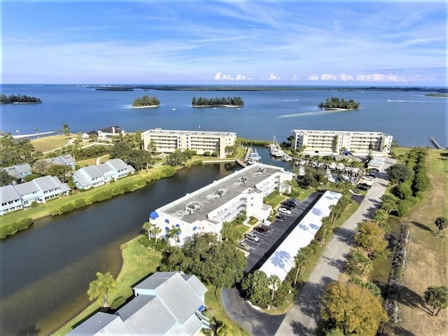 drone / aerial view with a water view