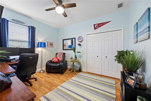 office area featuring ceiling fan and wood-type flooring