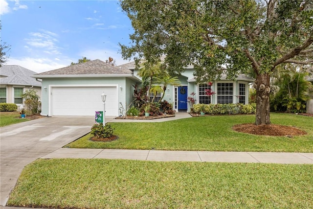 ranch-style house featuring a front yard and a garage