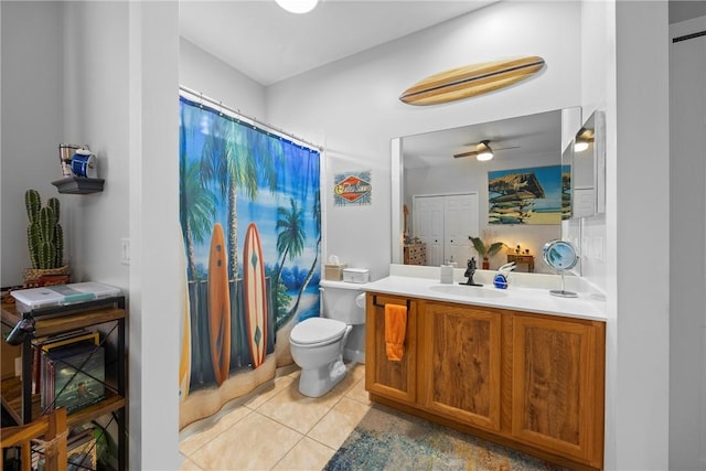 bathroom with toilet, ceiling fan, tile patterned floors, and vanity