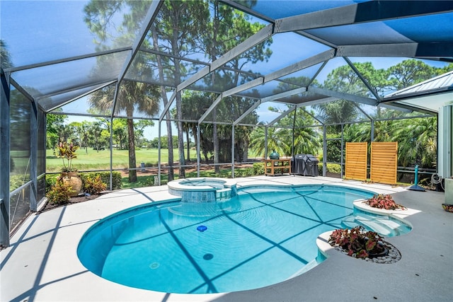 view of pool with grilling area, glass enclosure, a patio, and an in ground hot tub